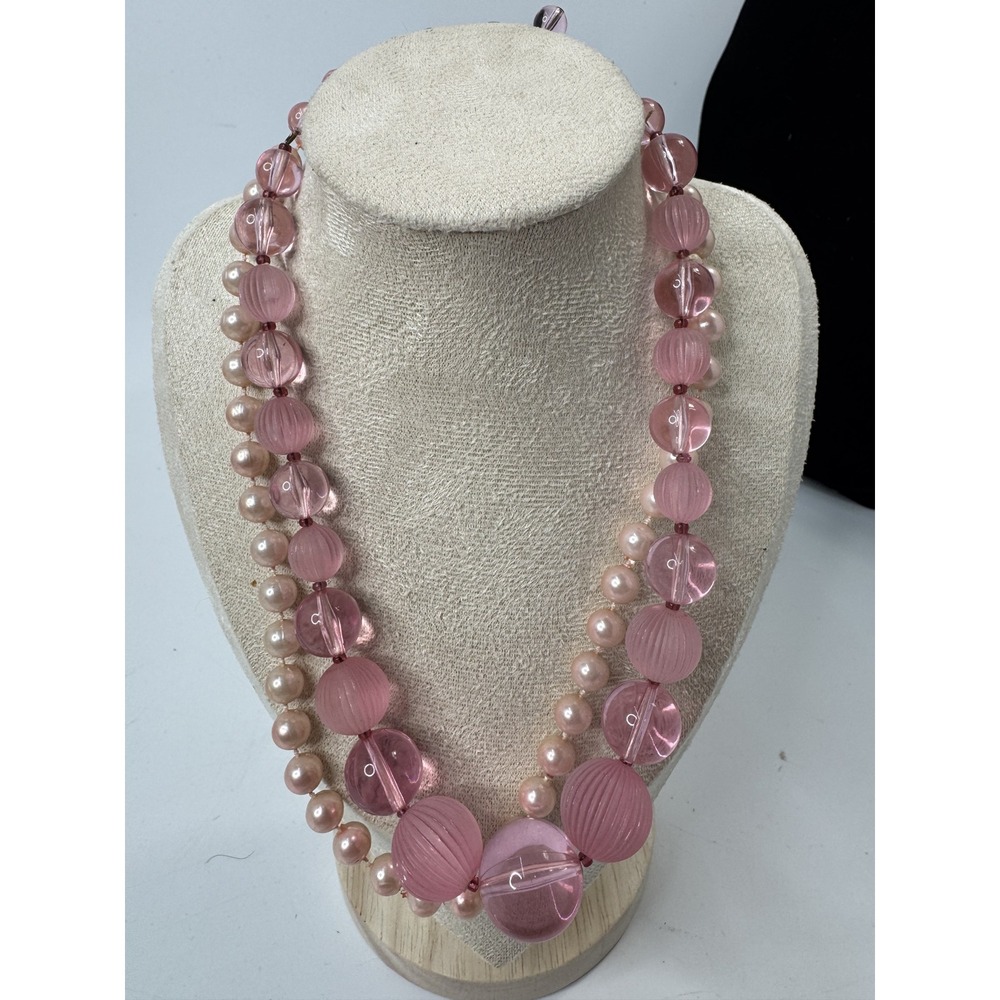 Vintage Pink Lucite and Faux Pearl Double Strand Necklace Ribbed Beads 15 Inch